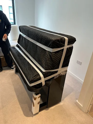 Piano secured for transport
